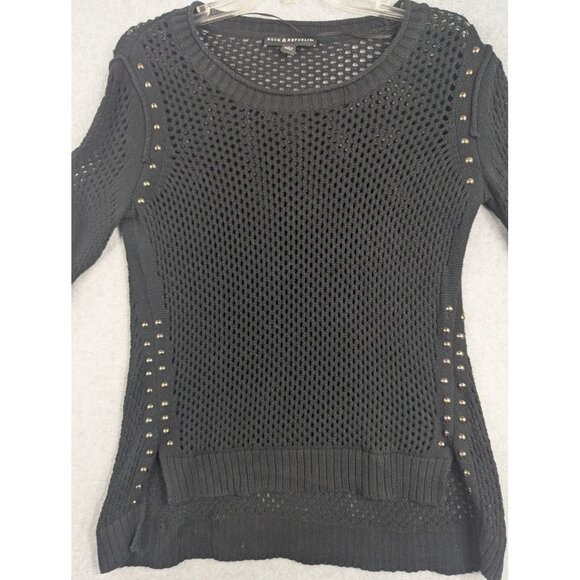Rock & Republic Sweater Womens Small Black Studded Open Knit Pullover Top Chic - Picture 2 of 8